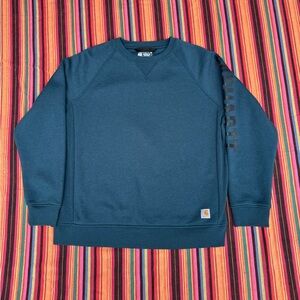 Carhartt Womens Relaxed Fit Crewneck Block Logo Sleeve Graphic Blue Sweatshirt